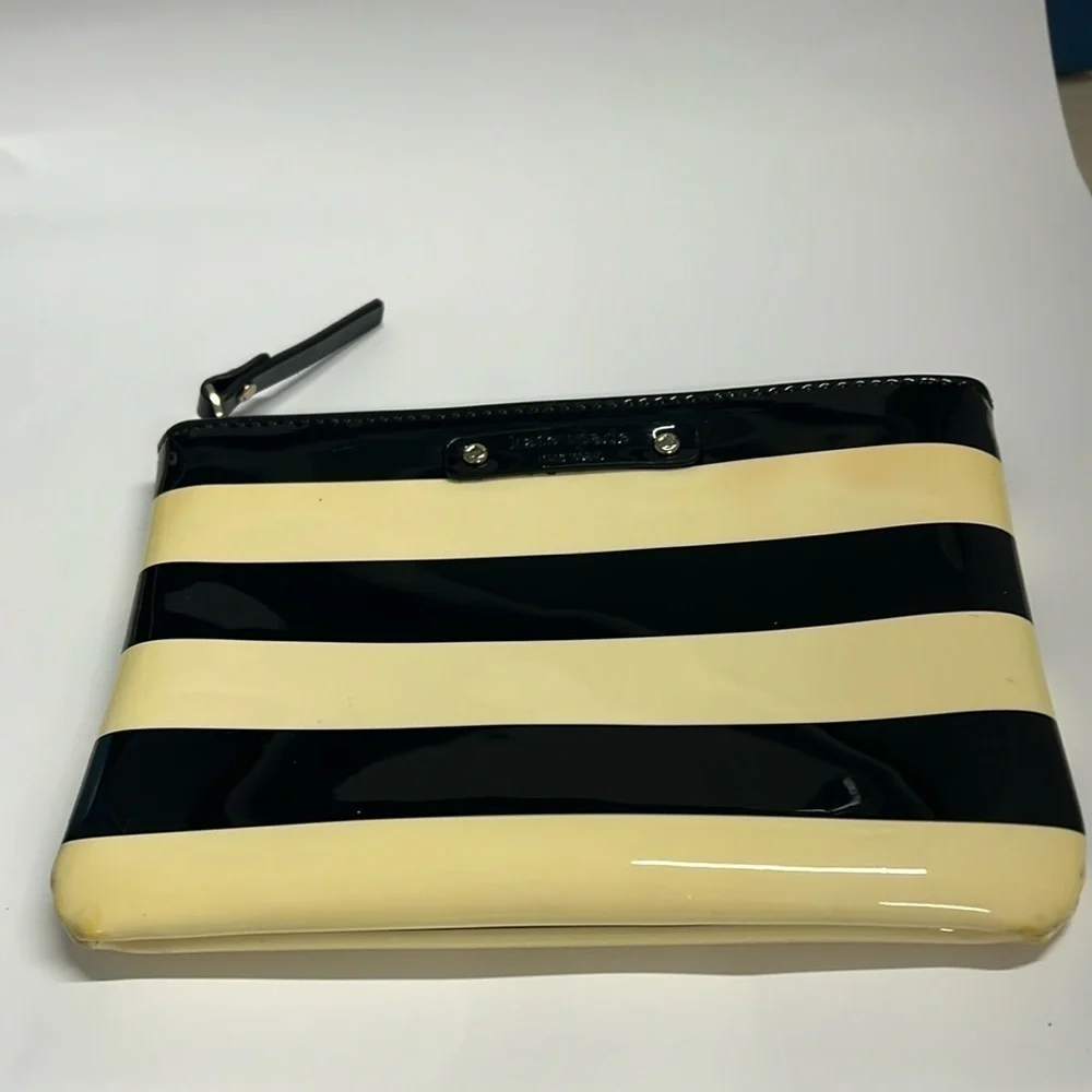 Kate Spade Patent Stripe Black Cream Zip Clutch Bag